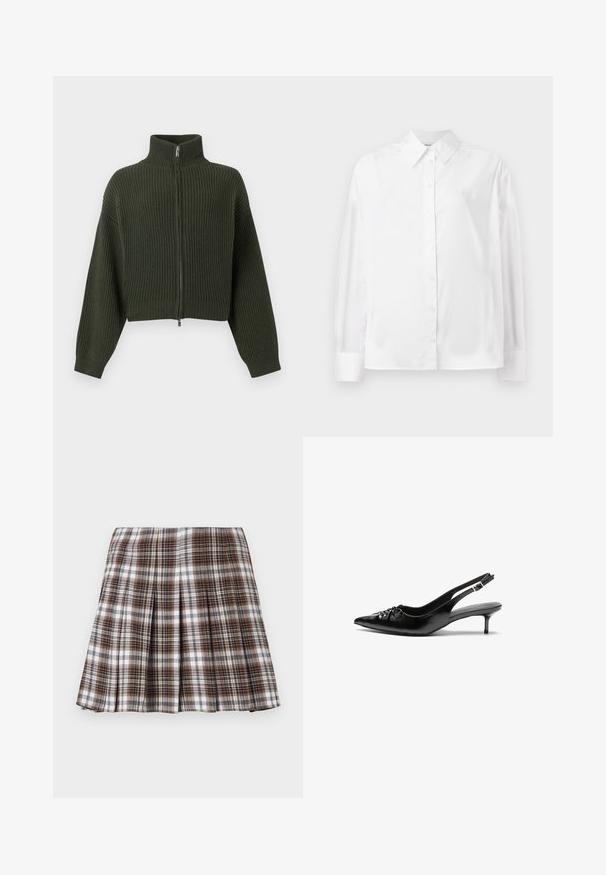 Strickpullover in dunklem Grün, tailliert mit hohem Kragen und Reißverschluss vorne. Verfügt über weite Ärmel und ein geripptes Muster im gesamten Stoff.; Weißes Langarm-Hemd mit Knopfverschluss aus einer glatten Baumwollmischung. Verfügt über einen klassischen Kragen, eine Frontknopfverschluss und abgerundete Manschetten.; Brauner und weißer Karomuster-Faltenrock mit strukturiertem Design und knackiger Textur, der eine hohe Taille und mehrere vertikale Falten aufweist.; Schwarze Leder-Slingback-Absätze mit einer spitzen Zehenform, kleinen Kitten-Absätzen und einem dekorativen Knoten-Detail auf der Vorderseite. Glatte Textur über die gesamte Fläche.
