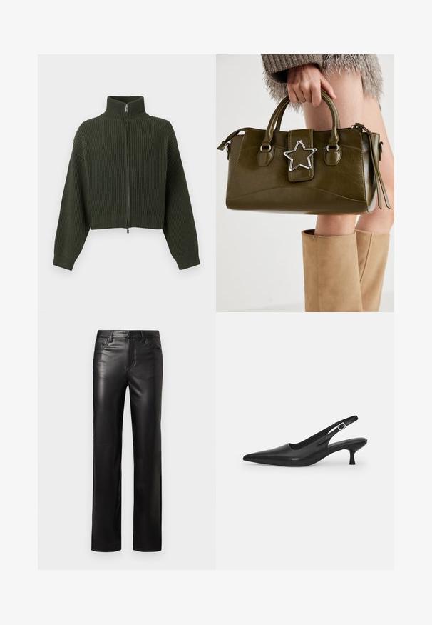 Strickpullover in dunklem Grün, tailliert mit hohem Kragen und Reißverschluss vorne. Verfügt über weite Ärmel und ein geripptes Muster im gesamten Stoff.; Graues T-Shirt mit kurzen Ärmeln aus weichem Baumwollmix. Runder Ausschnitt, lässige Passform mit glatter Textur und minimalistischem Design.; Schwarze Lederhosen mit geradem Schnitt, ausgestattet mit einem Knopfverschluss und frontalen Taschen. Glatte Textur mit dezenten Nähdetails.; Schwarzer Leder-Slingback-Schuh mit spitzer Zehenform und schmalem, geschwungenem Absatz. Verfügt über einen unauffälligen verstellbaren Riemen mit einer Metallschnalle.; Olivgrünes Kunstlederhandtasche mit silbernem Sternakzent, doppelten Griffen und einem Reißverschluss. Strukturierten Form und texturierten Oberfläche.