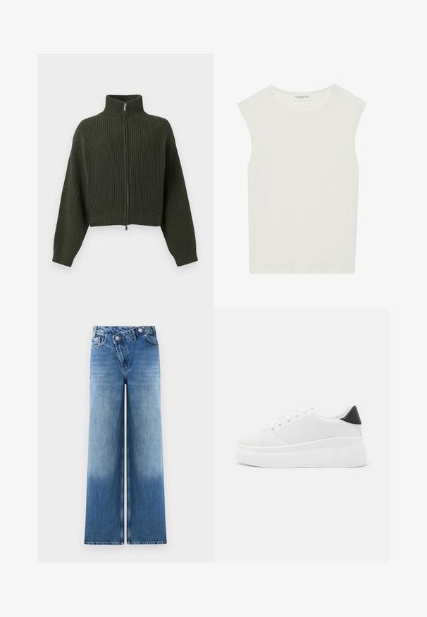 Dzianinowy sweter o kroju cropped w ciemnozielonym kolorze z wysokim kołnierzem i zamkiem z przodu. Posiada szerokie rękawy oraz strukturalny prążkowany wzór na całej tkaninie.; Biała bezrękawnik z okrągłym dekoltem. Wykonana z gładkiego materiału, ma luźny krój i minimalistyczny design. Bez wzorów ani akcentów.; Jasnoniebieskie dżinsy o szerokich nogawkach z wybledzonym wykończeniem, z klasycznym pięciop pocketsowym wzorem i metalowymi guzikami w talii.; Białe sneakersy na platformie wykonane z gładkiego materiału syntetycznego, z zaokrąglonym noskiem, sznurowanym zapięciem i teksturowaną gumową podeszwą. Czarne akcenty na pięcie.