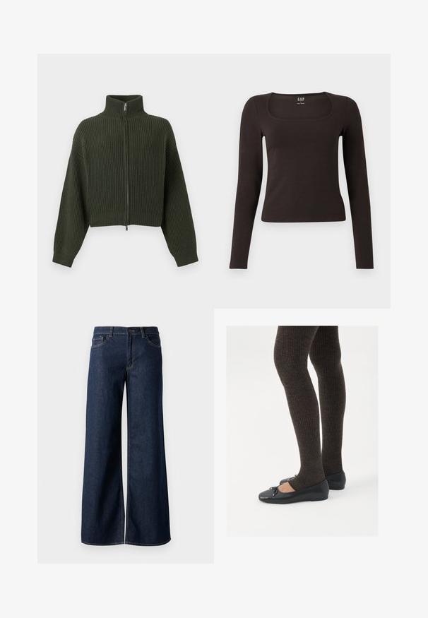 Strikket kort genser i mørkegrønn med høy krage og glidelås foran. Har vide ermer og ribbestruktur gjennom hele stoffet.; Svart langermet, tett topp med firkantet hals, merket GAP, vist på en hvit bakgrunn.; Vide benbukser i mørkeblå denim. Har kontrastsøm, fem lommer og en knaplukning i taljen. Glat tekstur.; Sorte flate sko med en liten sløyfedetalj på tåen, kombinert med mørkebrune ribbede strømpebukser. Skoene har en glatt overflate og lav profil.