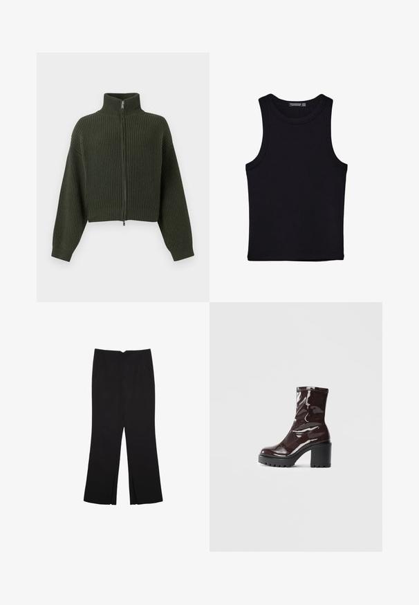 Neulottu cropped neuletakki tummanvihreänä, jossa on korkea kaulus ja vetoketjusuljenta. Ominaisuuksiin kuuluu leveät hihat ja ribbitekstuuri koko kankaan alueella.; Musta hihaton paita, joka on valmistettu puuvillasta, ja jossa on pyöreä kaula-aukko sekä leveät kainaloaukot. Silkkinen pinta ja ommellut reunat. Klassinen, minimalistinen muotoilu.; Mustat housut suoralinjaisella leikkauksella, joissa on etutaskut ja sivurei'ät helman alla. Valmistettu pehmeästä ja sileästä kankaasta. Sopii eri tilaisuuksiin.; Satea bordeaux berwarna mengkilap dengan tumit hitam tebal, menampilkan tekstur halus dan desain sederhana. Tanpa pengikat atau pola yang terlihat.