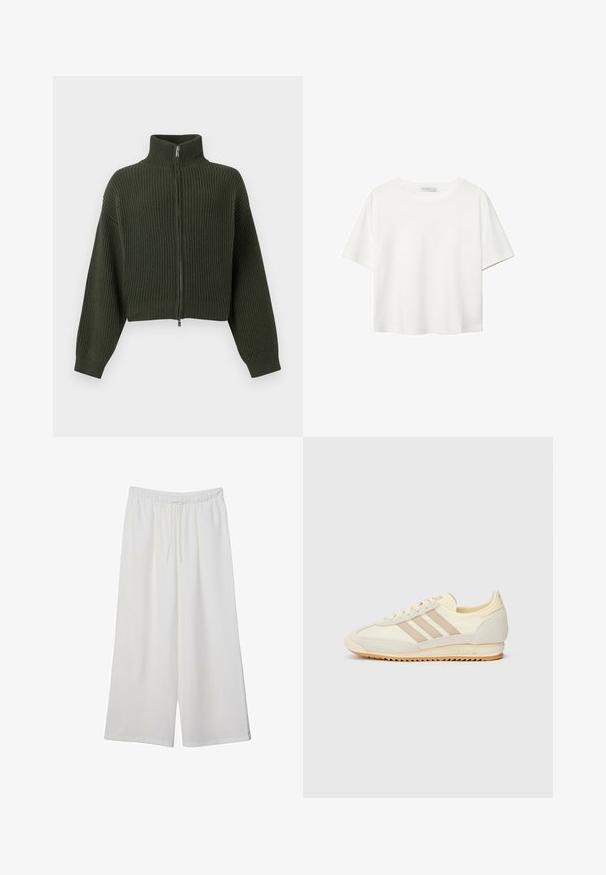 Pletený skrátený sveter v tmavozelenej farbe s vysokým golierom a predným zipsom. Má široké rukávy a rebrovanú textúru po celej látke.; Biela krátkopsová tričko vyrobené z bavlny. Má okrúhly výstrih a voľný strih. Hladká textúra bez viditeľných vzorov alebo akcentov.; Biele široké nohavice z ľahkého materiálu s elastickým pásom a šnúrkou na nastavenie veľkosti. Hladká textúra.; Krémové športové tenisky s tromi béžovými pruhmi, z kombinácie semišu a textilného materiálu, so štruktúrovanou podrážkou a reliéfne navrhnutým logom na päte.