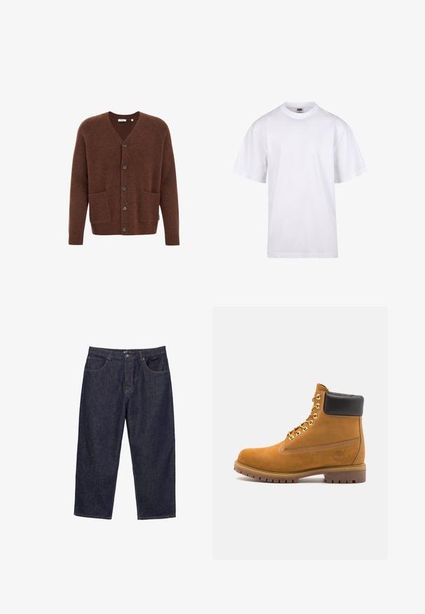 Brun ullkardigan med v-ringning, sex knappar framtill, två framfickor och ribbade ärmslut och nederkant.; Vit bomullströja med rund halsringning, korta ärmar och en avslappnad passform. Har en enkel design utan mönster eller accenter.; Mörkblå raka denimjeans med framknapp, dragkedjestängning och fem fickor, visade mot en vit bakgrund.; Tan mockasins ankelstövlar med svart vadderad krage, guldmetallöglor, vit sömdekor och slitstöt gummisula med utmärkta mönster.
