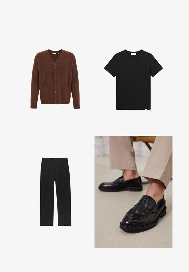 Hnědý vlněný kardigan s výstřihem do V, šesti knoflíky vpředu, dvěma předními kapsami a žebrovanými manžetami a lemem.; Černé tričko s krátkým rukávem vyrobené z bavlny, s kulatým výstřihem a malým vyšitým logem na hrudi. Hladká textura, standardní střih.; Černé kalhoty s rovnými nohavicemi, vyrobené z hladké tkaniny. Mají přední záhyby a jedno knoflíkové zapínání v pase.; Černé kožené loafers s hladkým povrchem, zdobené páskem a kontrastním prošíváním, spárované s béžovými kalhotami.