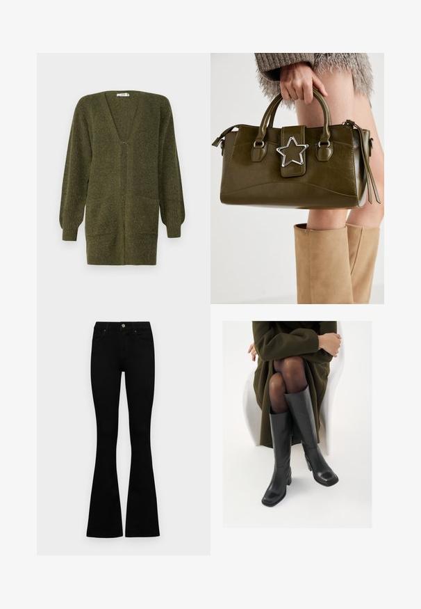 JDY JDYINGEBORG CARDIGAN - Casaco de malha - dark green; Conjunto de duas blusas de manga longa em branco e preto. Textura canelada, decote redondo, design ajustado com mangas ligeiramente evasê.; Jeans pretos de cintura alta com fecho de botão e zíper, bolsos frontais e pernas largas dispostos em cima de um fundo branco.; Botas de couro pretas até ao joelho com biqueira quadrada e salto em bloco, apresentadas com um modelo sentado num casaco verde-azeitona. Textura lisa, com detalhes mínimos.; Bolsa de mão em pele sintética verde oliva com detalhe de estrela prateada, alças duplas e fecho com zip. Superfície texturizada e forma estruturada.