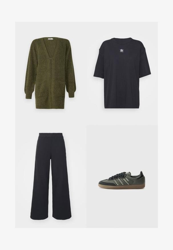 JDY JDYINGEBORG CARDIGAN - Kofta - dark green; Svart bomullströja med korta ärmar, rund halsringning, har en vit Adidas-logotyp på bröstet. Enkel design, avslappnad passform.; Svarta vida sweatpants tillverkade av mjukt tyg, med ett elastiskt midjeband och en liten logotyp på vänster sida.; adidas Originals SAMBA OG - Sneakers - core black/legend earth/gum