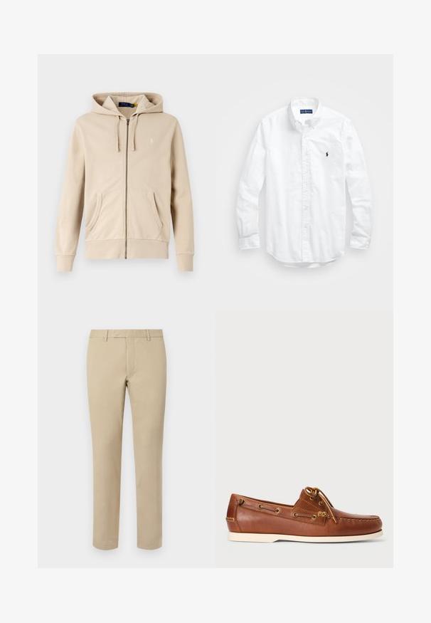 Sweatshirt bege com fecho éclair, feito de tecido suave, apresentando um capuz com cordão, dois bolsos frontais, punhos canelados e um pequeno logo no peito.; Camisa de botões de manga longa branca em algodão. Apresenta um colarinho clássico, punhos com botão e um pequeno logótipo bordado em azul-marinho no peito.; Calças de algodão bege com corte reto, apresentando passantes para cinto, frente lisa e bainhas ajustadas. Textura suave e detalhes mínimos.; Sapatilha de barco em pele castanha com atacadores, ilhós dourados e sola em borracha clara. Projetada com um padrão de costura elevada na ponta.
