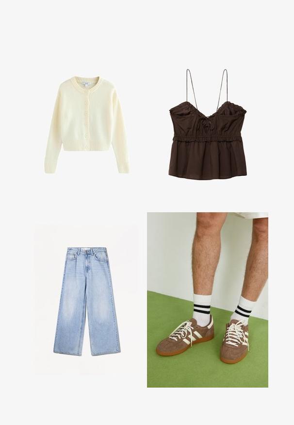 Kardigan kremového odstínu vyrobený z měkkého pleteného materiálu. Má kulatý výstřih, dlouhé rukávy a šest předních knoflíků. Žebrovaný lem a manžety.; Ruskea, hihaton toppi, jossa on kootut rintakappaleet, säädettävät spagettiolkaimet, röyhelöreunat sekä rento istuvuus, jossa on nyöriyksityiskohta.; Bershka WIDE-LEG - Leveälahkeiset - light-blue denim; Ruske nahkate sneakerit valkoisilla korostuksilla ja nauhoilla. Kumi-gumipohja. Yhdistetty valkoisiin sukkiin, joissa on mustia raitoja. Vihreä teksturoitu lattia.