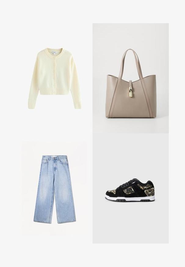 Cardigan color crema realizzato in morbido materiale a maglia. Presenta un collo rotondo, maniche lunghe e sei bottoni frontali. Orlo e polsini a coste.; Top nero senza maniche realizzato in tessuto a costine con scollatura rotonda, caratterizzato da una texture liscia e un design semplice. Senza motivi o dettagli.; Bershka WIDE-LEG - Wide Leg - light-blue denim; Sneaker in suede nero con motivo camouflage sul lato, suola intermedia bianca e suola esterna in gomma nera. Presenta lacci e dettagli del logo sul lato.; Borsa a tracolla in pelle beige con forma strutturata, caratterizzata da accessori in oro e manici a contrasto per un tocco di dettaglio in più.