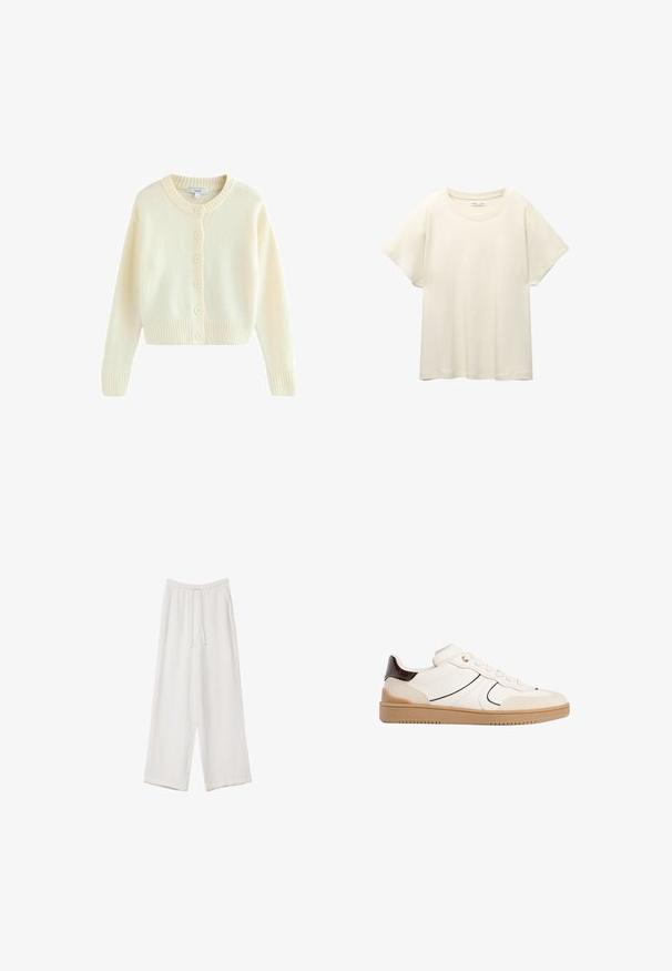 Kremni kardigan izdelan iz mehkega pletenega materiala. Ima okroglo ovratnico, dolge rokave in šest sprednjih gumbov. Rebrast rob in manšete.; Svetlo bež kratkosleeven majica s okroglim ovratnikom, izdelana iz mehke, gladke tkanine. Ima sproščen kroj in raven rob.; Bele široke hlače iz lahkega materiala. Imajo elastičen pas s vrvico in stranske žepe. Gladka tekstura.; Stradivarius Športni copati - white
