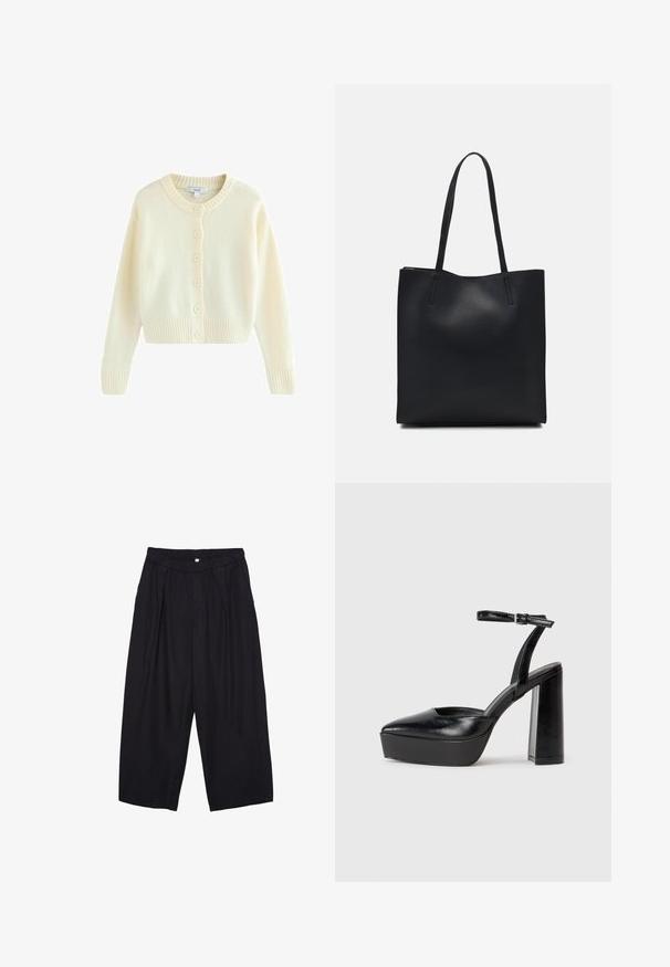Crème-kleurige cardigan gemaakt van zacht gebreid materiaal. Heeft een ronde halslijn, lange mouwen en zes knopen aan de voorkant. Geribbelde zoom en manchetten.; Zwart kort mouw crop top van zachte stof, met een ronde halslijn en een losse pasvorm met een nette zoom.; Zwarte polyester culottes met een elastische tailleband, twee voorkreukels en een losse pasvorm. Geen zichtbare patronen of hardware-details.; Zwarte plateauhakken met een puntige neus en verstelbare enkelband. Gemaakt van soepel leer, met een robuuste blokhak.; Zwarte leren handtas met een gladde textuur, rechthoekige vorm en twee lange handvaten. Geen zichtbare hardware of versieringen.