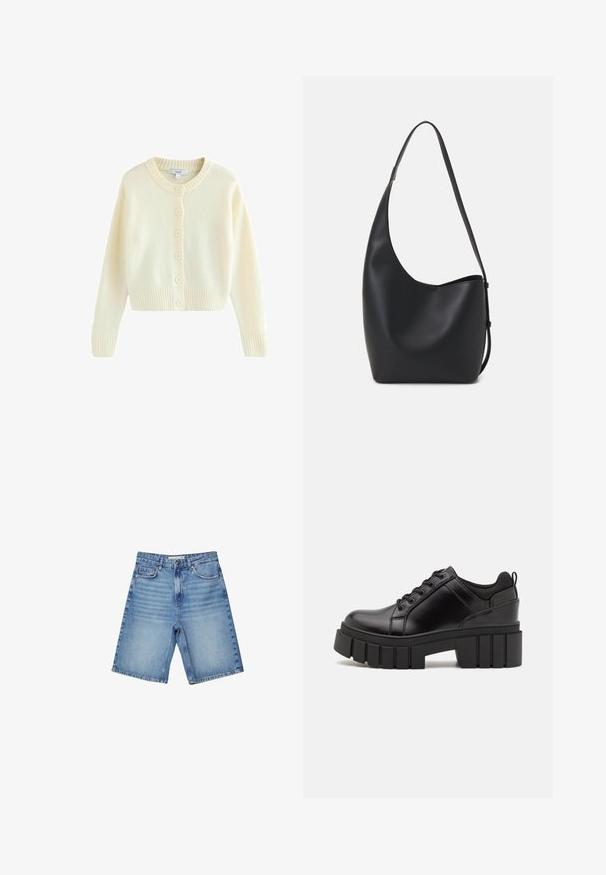 Krémový cardigan vyrobený z měkkého pleteného materiálu. Má kulatý výstřih, dlouhé rukávy a šest předních knoflíků. Žebrovaný lem a manžety.; Bílý krátký rukáv tričko vyrobené z bavlny. Má kulatý výstřih a volný střih. Hladký materiál bez viditelných vzorů nebo akcentů.; Džínové šortky ve světle modré barvě, s klasickým designem pěti kapes, zipovým zapínáním a jemným vyblednutím. Rovný střih s ohrnutými okraji.; Černé kožené platformové boty s masivním blokovým podpatkem, kulatou špičkou a tradičním šněrováním. Mají hladký povrch a minimální detaily.; Černá kožená hobo taška s hladkým povrchem, zakřiveným tvarem a jedním nastavitelným popruhem; má široké otevírání nahoře.