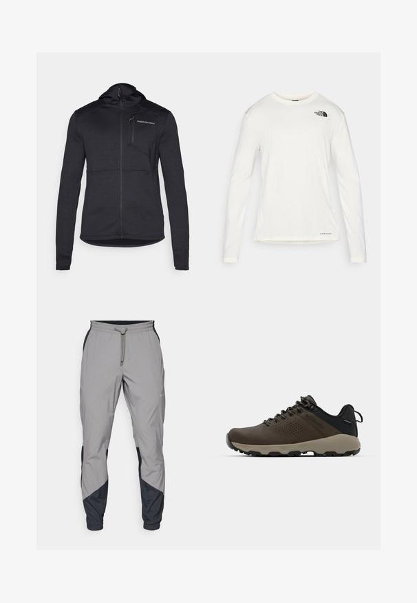 Čierna kapucňová bunda s textúrovanou tkaninou, plným zipsom a náprsníkou. Má priliehavý strih a kontrastný panel pozdĺž ramien.; Biela košeľa s dlhým rukávom a okrúhlym výstrihom, textúrovaná látka, čierne logo na ľavom pleci a nenápadné značkovanie na spodnej časti.; Ľahké, šedé športové nohavice s čiernymi akcentmi. Elastický pás, sťahovanie pomocou šnúrky, zúžený strih nohavíc a bočné vrecká.; Hnedé vodoodolné tenisky s textúrovaným zvrškom, perforovanými detailmi, čiernou oporou päty a šedou gumovou podrážkou. Šnúrky sú ozdobené kovovými koncami.