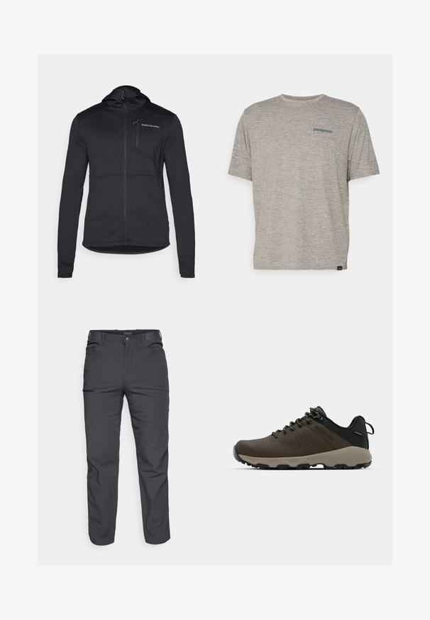 Crna dukserica s kapuljačom od teksturirane tkanine, s punim patentnim zatvaračem i džepom na prsima. Ima prilagođeni kroj i kontrastne panele duž ramena.; Siva majica kratkih rukava izrađena od mekane, teksturirane tkanine s malim plavim Patagonia logotipom na lijevoj strani prsiju. Bez dodatnih uzoraka.; Tamno sivi hlače od izdržljive tkanine, s patentnim zatvaračem na džepu, ravnog kroja i s petljama za remen za podešavanje veličine.; Smeđe vodootporne tenisice s teksturiranom gornjom i perforiranim detaljima, crnom potporom za petu i sivim gumiranim potplatom. Čipke su stilizirane s metalnim krajevima.