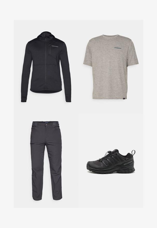 Μαύρο μπουφάν με κουκούλα, από υφασμάτινη υφή, με πλήρη φερμουάρ και τσέπη στο στήθος. Διαθέτει εφαρμοστή γραμμή και αντίθετο πάνελ κατά μήκος των ώμων.; Γκρι κοντομάνικο T-shirt φτιαγμένο από μαλακό, υφασματοποιημένο υλικό με μικρό μπλε λογότυπο Patagonia στο αριστερό στήθος. Χωρίς επιπλέον μοτίβα.; Σκούρες γκρι παν trousers από ανθεκτικό ύφασμα, με τσέπη με φερμουάρ, ευθεία γραμμή και θηλιές για ζώνη για ρυθμιζόμενη εφαρμογή.; Μαύρο αθλητικό παπούτσι με υφασμάτινη εξωτερική επιφάνεια, μαλακή σόλα και σύστημα γρήγορης δέσης. Έχει ενισχυμένη μύτη και φτέρνα.
