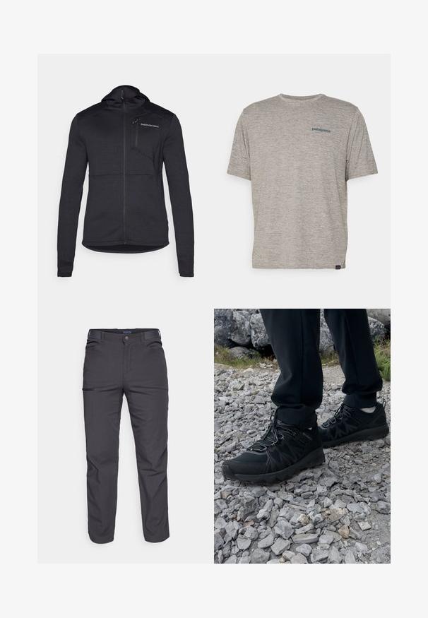 Giacca nera con cappuccio in tessuto testurizzato, chiusura con zip a tutta lunghezza e tasca sul petto. Caratterizzata da un design aderente e pannelli a contrasto sulle spalle.; T-shirt grigio a maniche corte realizzato in un morbido tessuto di texture, con un piccolo logo blu di Patagonia sul lato sinistro del petto. Senza ulteriori fantasie.; Pantaloni grigi scuri realizzati in tessuto resistente, dotati di tasca con zip, taglio dritto e passanti per cintura per una vestibilità regolabile.; Scarpe da esterni nere realizzate in mesh e materiale sintetico, con una parte superiore testurizzata, un sistema di allacciatura sicuro e una suola robusta, su terreno roccioso.