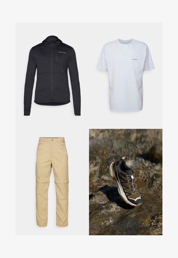 Svart hettejakke med teksturert stoff, full glidelås og brystlomme. Har en tettsittende design og kontrasterende paneler langs skuldrene.; Hvit bomulls t-skjorte med korte ermer, rund hals og en lomme på venstre bryst med en blå "Patagonia" logo. Klassisk passform med jevn tekstur.; Beige avtakbare bukser med en glatt tekstur, som har to sidelommer, knappelukking og oppbrettede ermer for allsidighet.; Fjellsko i olivengrønn og svart med rosa detaljer. Har en teksturert overdel, fleksibel såle, forsterket tåhette og fargerik snøringssystem.