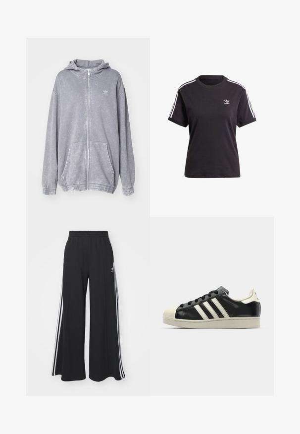 adidas Originals ZIP HOOD - Užtrauktuku užsegamas treningas - grey three; Juodas medvilninis trumpa rankovėmis marškinėliai su apvalia iškirpte, su baltais dryžiais ant pečių ir maža balta Adidas logo ant krūtinės.; Juodos plačios kojų džinsinės kelnės su elastingu juosmeniu, turinčios baltas šonines juosteles ir išsiuvinėtą logotipą kairiajame šlaunyje.; Juodi odiniai sportiniai bateliai su baltais dryžiais, guminis toe kapas, juodi raišteliai ir kreminis padas. Lygus pavirčius su blizgiu finišu.