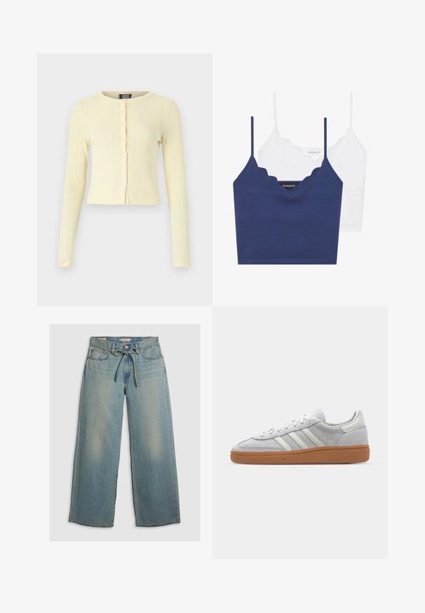 BDG Urban Outfitters LOVE CARDI - Casaco de malha - yellow; Conjunto de bralette em algodão azul-marinho e branco com decote rendado, alças finas ajustáveis e um design ajustado. Etiqueta com logótipo no lado interno da peça azul-marinha.; Jeans de perna larga azul claro, feitos de denim, com um fecho de laço e desbotamento subtil. Inclui dois bolsos frontais e um ajuste descontraído.; Sapatilha de camurça cinza claro com acabamentos em pele branca, três riscas brancas e sola de borracha castanha, apresentando um colarinho almofadado para conforto.