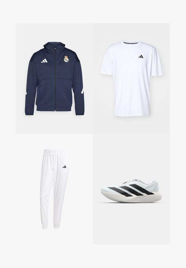 Giacca zip-up blu navy con cappuccio, presenta il logo bianco Adidas e lo stemma del Real Madrid. Realizzata in tessuto liscio con tasche laterali.; Maglietta bianca a maniche corte realizzata in tessuto con una trama liscia. Presenta un logo adidas nero sul lato sinistro del petto e un colletto con motivo.; Pantaloni sportivi bianchi realizzati in tessuto liscio, con una vita elasticizzata e polsini aderenti, dotati di un logo nero sulla tasca posteriore.; Scarpe da corsa leggere di colore azzurro pallido con strisce nere. Presentano una tomaia liscia, punta rotonda e un'ampia intersuola bianca etichettata "LIGHTSTRIKE PRO."
