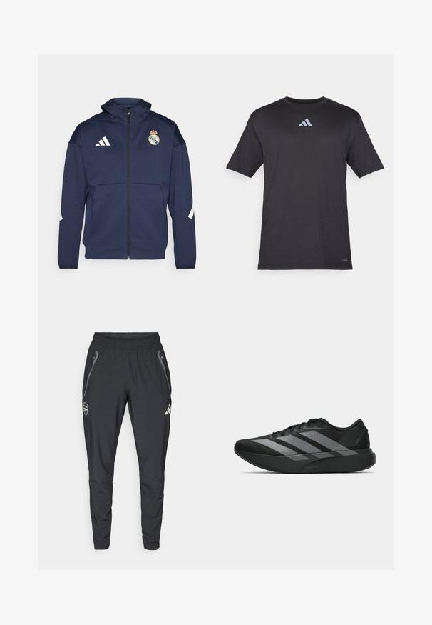 Giacca zip-up blu navy con cappuccio, presenta il logo bianco Adidas e lo stemma del Real Madrid. Realizzata in tessuto liscio con tasche laterali.; T-shirt atletico a maniche corte nero realizzato in tessuto leggero, con un discreto logo riflettente Adidas sul petto.; adidas Performance ARSENAL FC TIRO25 COMPETITION VIS TECH TRAVEL PANT - Squadra - black; Scarpe sportive nere con un design leggero, caratterizzate da tre strisce grigie prominenti, una superficie liscia e una suola sagomata.