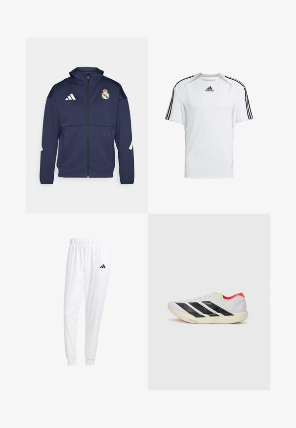 Mornarska jakna sa zatvaračem i kapuljačom, s bijelim Adidas logom i grbom Real Madrida. Izrađena od glatkog materijala s bočnim džepovima.; Bijela atletska majica kratkih rukava sa crnim Adidas trostrukim trakama na ramena, izrađena od glatkog, laganog materijala.; Bijele atletske hlače od glatkog materijala, sa elastičnom vrpcom u struku i pripijenim manžetama, sa crnim logom na stražnjem džepu.; Bijela trkačka cipela s crnim prugama, neon zelenim naglascima i crvenim petom. Ima lagani dizajn i teksturiranu potplat za bolji grip.