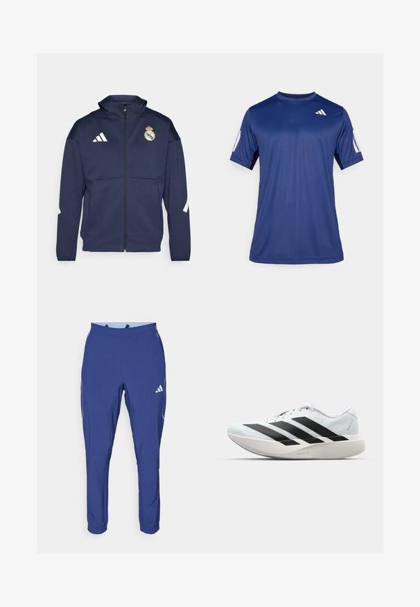 Námořnická zipová bunda s kapucí, má bílé logo Adidas a erb Realu Madrid. Vyrobeno z hladkého materiálu se bočními kapsami.; Námořnicky modré sportovní tričko s krátkým rukávem z hladké tkaniny, s kulatým výstřihem a bílým logem na levém horním prsu.; adidas Performance TECH APP - Teplákové kalhoty - dark blue/glow blue; Lehké běžecké boty v světle modré barvě s černými pruhy. Mají hladký svršek, kulatou špičku a silnou bílou mezipodešev označenou "LIGHTSTRIKE PRO."