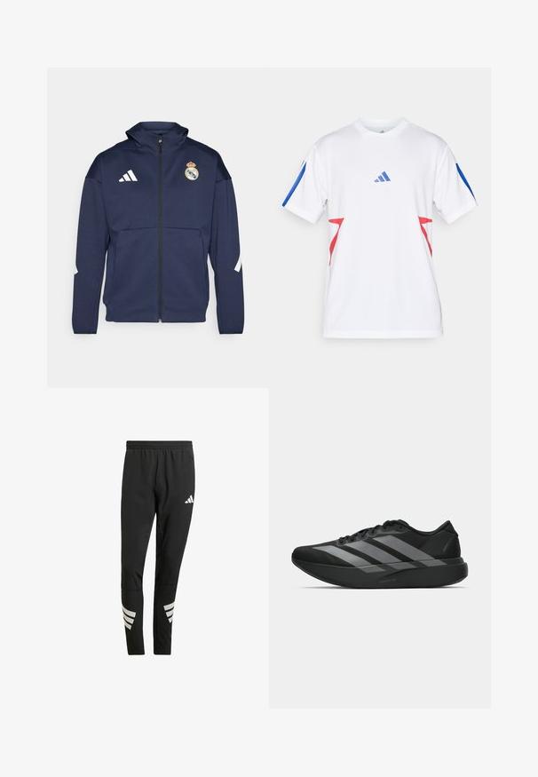 Marineblå zip-up jakke med hætte, prydet med hvidt Adidas-logo og Real Madrid-crest. Lavet af glat stof med sidelommer.; Hvid atletisk skjorte lavet af let mesh, med blå detaljer på ærmerne og røde trekantede design på siderne. Adidas-logoet vises.; Sorte træningsbukser med en elastisk talje, der har reflekterende hvide detaljer i et stribet mønster på underbenene. Fremstillet af et glat stof.; Sorte atletiske sko med et let design, der har tre fremtrædende grå striber, en glat overflade og en formet sål.