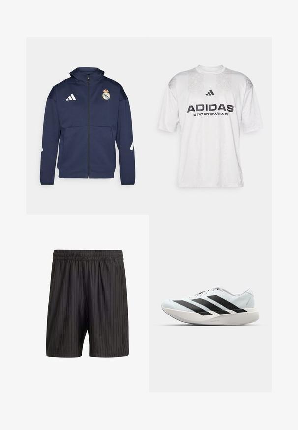 Ναυτικό φούτερ με φερμουάρ και κουκούλα, διαθέτει λευκό λογότυπο Adidas και έμβλημα της Ρεάλ Μαδρίτης. Φτιαγμένο από λείο ύφασμα με πλαϊνές τσέπες.; adidas Sportswear TIRO TEE - Μπλουζάκι με στάμπα - grey one/black; Μαύρες βερμούδες με ελαστική μέση, με κάθετους ρίγες και ελαφρύ, υφασμάτινο ύφασμα. Μήκος έως το μισό μηρό.; Ελαφριά αθλητικά παπούτσια τρεξίματος σε ανοιχτό μπλε με μαύρες ρίγες. Διαθέτουν λείο άνω μέρος, στρογγυλή μύτη και παχύ λευκό ενδιάμεσο πέλμα που φέρει την ετικέτα "LIGHTSTRIKE PRO."