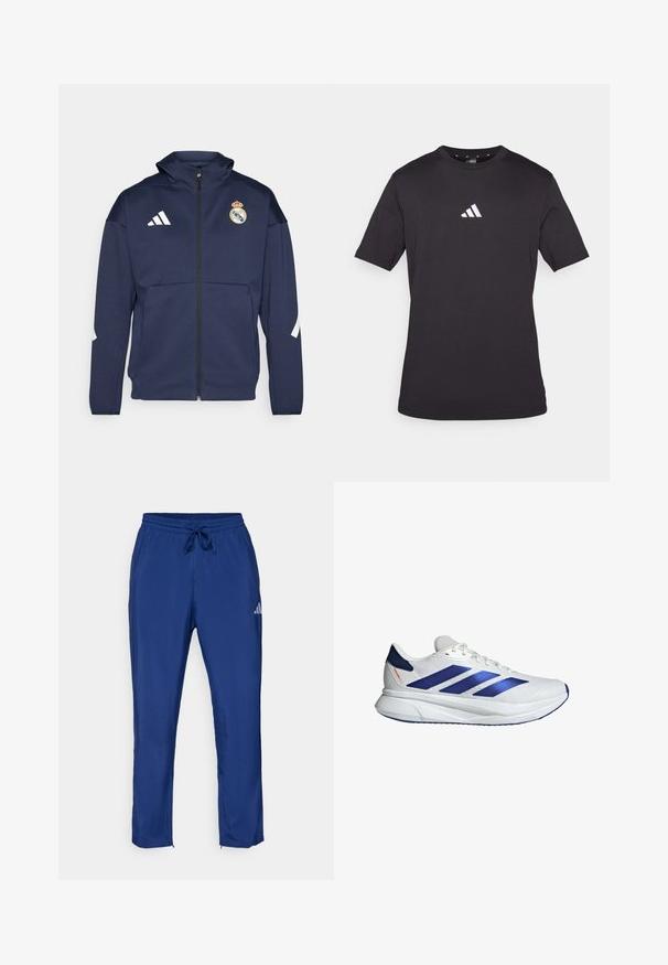 Marineblå zip-up jakke med hætte, prydet med hvidt Adidas-logo og Real Madrid-crest. Lavet af glat stof med sidelommer.; Sort T-shirt med kortærmer lavet af bomuld, med et hvidt Adidas-logo på brystet, rund halsudskæring og standard pasform.; Mørkeblå sportbukser med elastisk talje og snøre. Har et diskret logo på siden og lynlåse ved anklerne.; Hvide atletiske sko med blå accenter, mesh-overdel, tre blå striber, rund tå, letvægts sål og tekstureret overflade for greb.