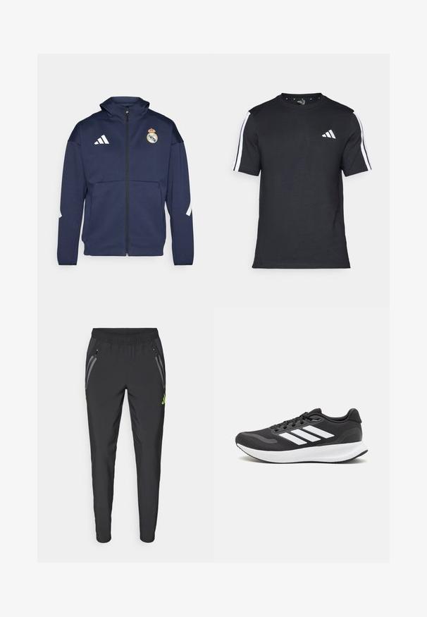 Giacca zip-up blu navy con cappuccio, presenta il logo bianco Adidas e lo stemma del Real Madrid. Realizzata in tessuto liscio con tasche laterali.; T-shirt nera in cotone a maniche corte, con strisce bianche sulle spalle e un logo bianco sul petto sinistro.; adidas Performance REAL MADRID TIRO25 PRO VIS TECH TRAVEL PANT - Squadra - black/lucid lemon; Scarpa sportiva nera con tomaia in mesh traspirante, dettagli bianchi e suola ammortizzata. Presenta il logo con tre strisce sul lato.