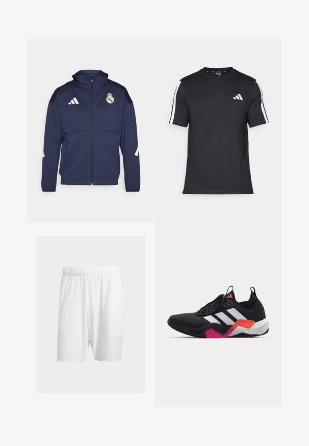 Mornarska zip-up jakna s kapuco, z belim Adidas logotipom in grbom Real Madrida. Narejena iz gladkega blaga z stranskimi žepe.; Črna majica z kratkimi rokavi iz bombaža, z belimi črtami na ramenih in belim logotipom na levem prsnem delu.; Beli atletski kratki hlače iz lahkega materiala, z elastičnim pasom, gladko teksturo in dolžino do kolen.; Črne športne čevlje z belimi črtami, teksturirano zgornjim delom in robustnim podplatom z oranžnimi, roza in belimi poudarki. Zavezovanje z vlečno spono.