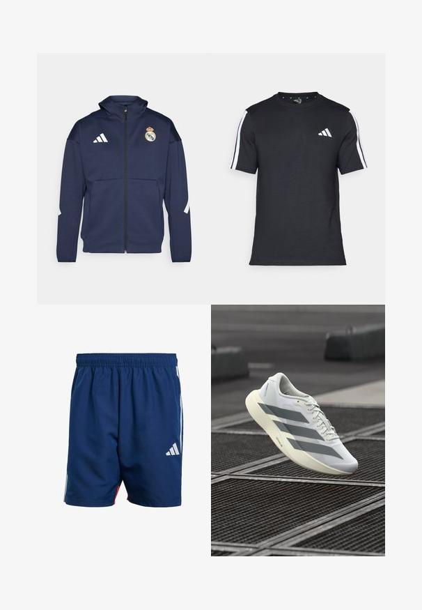 Marineblauwe zip-up jas met capuchon, voorzien van het witte Adidas-logo en het Real Madrid-embleem. Gemaakt van gladde stof met zijzakken.; Zwarte T-shirt van katoen met korte mouwen, met witte strepen op de schouders en een wit logo op de linkerkant van de borst.; Marineblauwe sportshorts met een elastische tailleband, zijstrepen in het wit en een klein wit logo op de linkerpijp. Lichtgewicht materiaal.; Witte sportieve schoen met een bovenwerk van gestructureerd mesh, voorzien van grijze strepen en een dempende zool. Lichtgewicht ontwerp, geschikt om mee te hardlopen.