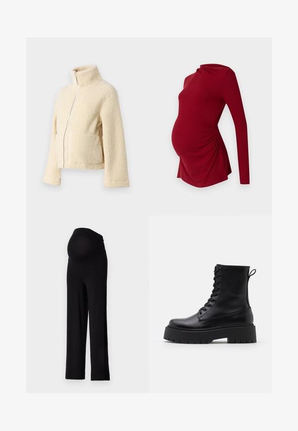 Kremo spalvos pūkinė striukė su aukštu apykakle, priekyje užtrauktuku ir dviem kišenėmis. Yra minkštas, tekstūruotas paviršius ir plačios rankovės.; Ilgyvęs rankovėmis raudona nėščiųjų tunika su velveto tekstūra, turinti drapiruotą iškirptę ir šoninius raukšlėjimus, leidžiančius prisitaikyti prie augančio pilvuko.; Juodos nėštumo kelnės su elastingu, priglundančiu liemeniu ir plačiąja kojų dizainu. Pagamintos iš minkštos medžiagos, užtikrinančios komfortą ir palaikymą.; Juodos odinės aulinukės su apvalia nosimi, raišteliais priekyje ir storesniu guminio pado apačioje su tekstūruotu raštu. Priekyje yra kilputė.