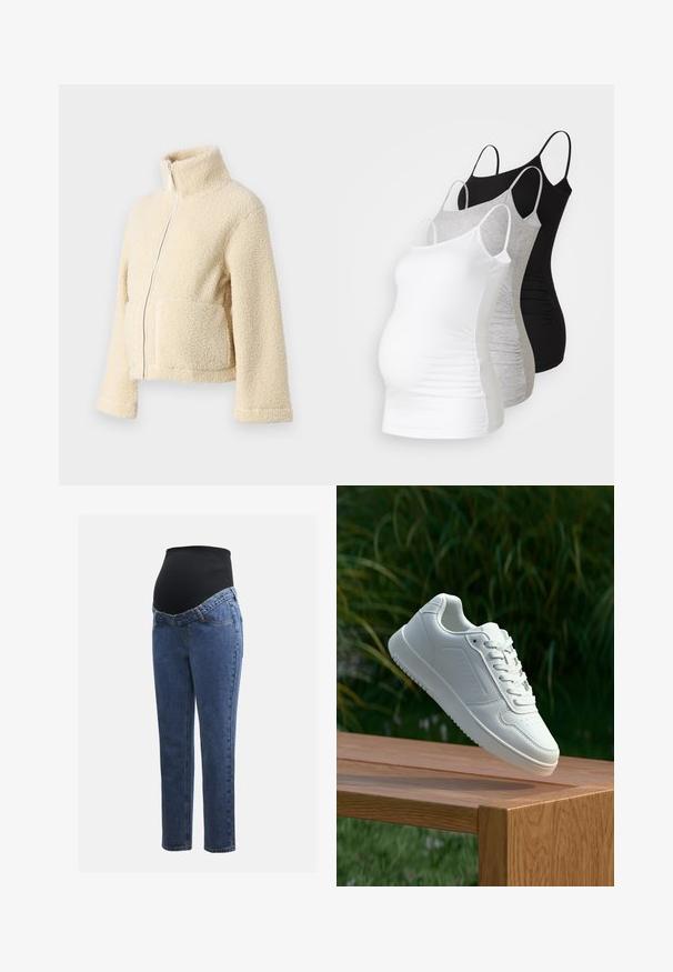 Jaqueta de fleece creme com gola alta, fecho frontal e dois bolsos de patch. Apresenta uma superfície suave e texturada e mangas largas.; Três tops de maternidade sem mangas em branco, cinza e preto. Tecido elástico com alças ajustáveis e costuras laterais franzidas para maior conforto.; Jeans de maternidade com pernas em denim azul e um painel abdominal preto elástico projetado para suportar e cobrir uma barriga em crescimento.; Sapatilha branca com um cabedal sintético liso, caixa dos dedos perfurada, atacadores planos e uma sola texturizada, exposta sobre uma superfície de madeira.