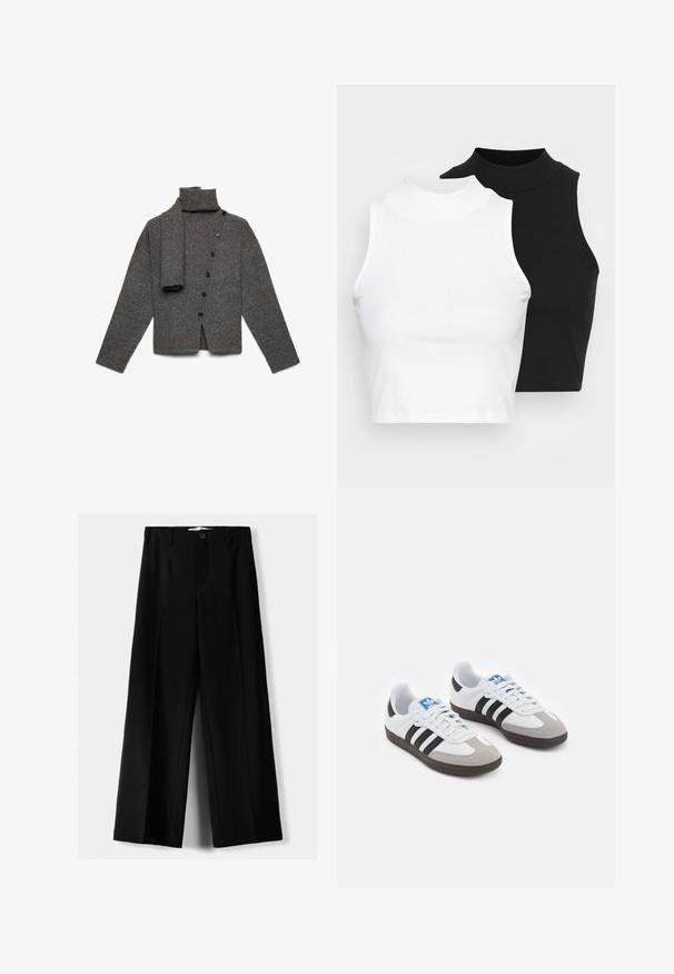 Cardigan in lana grigia con colletto alto, chiusura frontale con bottoni e sciarpa attaccata. Presenta una texture morbida e polsini a costine. Design minimalista.; Due top in maglia senza maniche, a collo alto, in nero e bianco, con un design aderente e una superficie liscia, di lunghezza cropped.; Pantaloni neri a gamba larga realizzati in tessuto leggero, caratterizzati da una chiusura frontale con bottone e frontale piatto, con orli cuciti con precisione.; Scarpe sportive con tomaia in pelle bianca, punta in suede grigia e tre strisce nere. Presentano un logo blu sulla linguetta e una suola in gomma testurizzata.