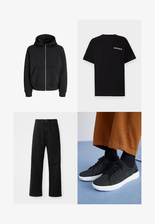 Hanorac black cu fermoar, fabricat dintr-un amestec de bumbac, având glugă cu șnur, buzunare frontale și manșete ribbate. Textură netedă cu fermoar argintiu.; Tricou negru din bumbac cu mâneci scurte, decolteu rotund și logo-ul alb "Carhartt" pe pieptul stâng. Textură netedă, design minimalist.; Pantaloni din denim negri cu croi drept, având buzunare frontale, fermoar și un singur buton la partea superioară. Țesătură texturată cu un finisaj mat.; Adidași negri din suede cu talpă din cauciuc albă, cu un design cu șireturi, accente texturate și branding subtil, asortați cu pantaloni maro.