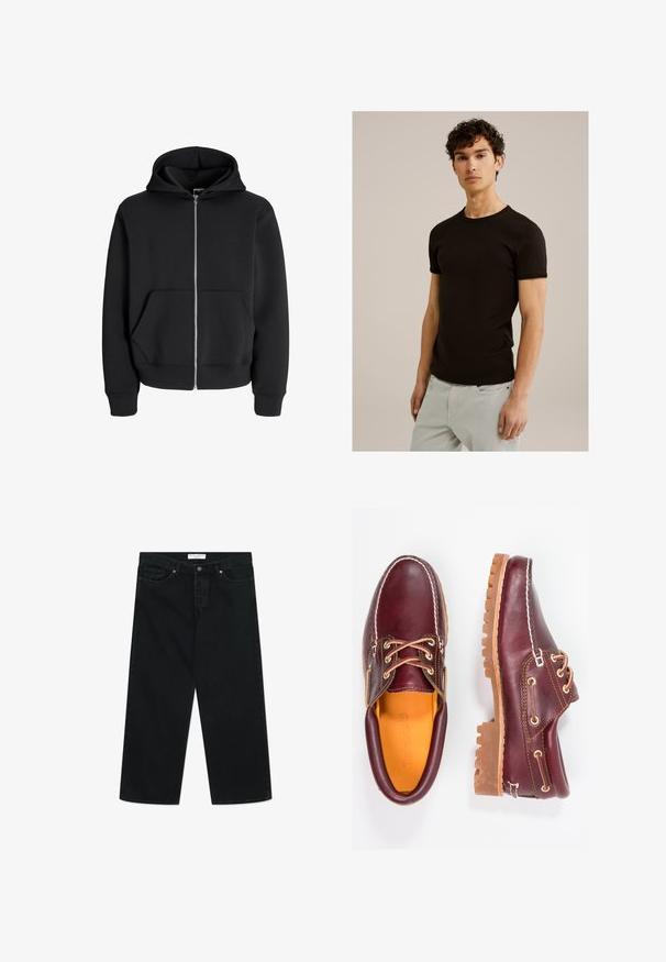 Čierna zipsová mikina vyrobená z bavlnenej zmesi, s kapucňou na šnúrku, prednými vreckami a rebrovanými manžetami. Hladká textúra so strieborným zipsom.; Čierne tričko s krátkym rukávom a okrúhlym výstrihom, vyrobené z hladkého a elastického materiálu. Strih je priliehavý, navrhnutý tak, aby sa prispôsobil telu.; Čierne široké džínsy z denimovej tkaniny, s predným zapínaním na gombík, pútkami na opasok a vreckami. Hladká textúra, minimalistický design.; Bordové kožené topánky s hnedými gumovými podrážkami, okrúhlou špičkou, bielym prešívaním a zlatými kovaniami. Interiér má žlté podšívku.