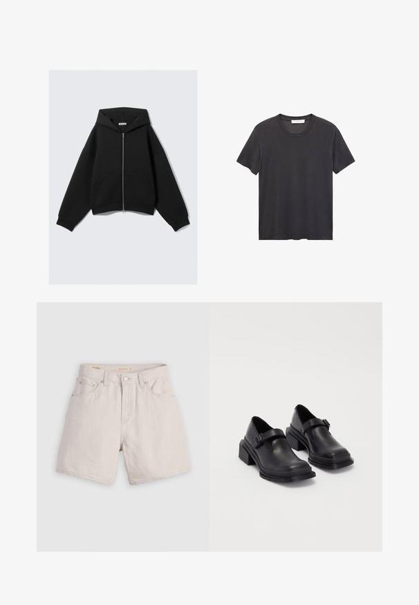 Hoodie nero a manica corta realizzato in tessuto morbido, caratterizzato da una zip completa, ampie tasche frontali e cappuccio con cordino, dal taglio rilassato.; T-shirt nera a girocollo realizzata in cotone morbido. Maniche corte, vestibilità rilassata e orlo dritto senza decorazioni né motivi.; Shorts in denim beige a vita alta con chiusura a bottoni, passanti per cintura e design a cinque tasche; leggeri e con una texture liscia.; Scarpe in pelle nera con punta arrotondata, suola piatta e una cintura con dettaglio fibbia. Tacco a blocco spesso per una maggiore stabilità.
