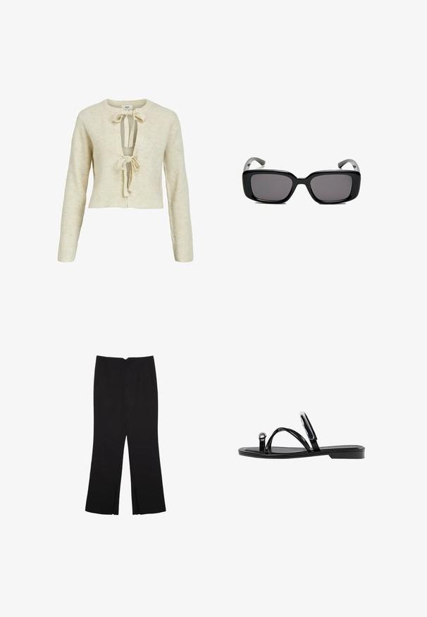 Beige žebrovaný svetr s dlouhými rukávy, zkráceným střihem a hlubokým výstřihem do V, který má dvě přední šňůrky. Měkká textura a pletený materiál.; Černý top bez rukávů vyrobený z hladké látky, s kulatým výstřihem a přiléhavým střihem bez viditelných vzorů nebo ozdob.; Černé kalhoty s rovným střihem, s předními kapsami a bočními rozparky na lemu. Vyrobené z jemné, hladké tkaniny. Vhodné na různé příležitosti.; Černé ploché sandály s lesklým povrchem, třemi tenkými popruhy a kulatým kovovým detailem na špičce. Elegantní design s minimálním podpatkem.; Černé obdélníkové sluneční brýle s tmavými skly, hladkým plastovým rámem a zakřivenými stranicemi. Design je robustní s minimalistickou estetikou.