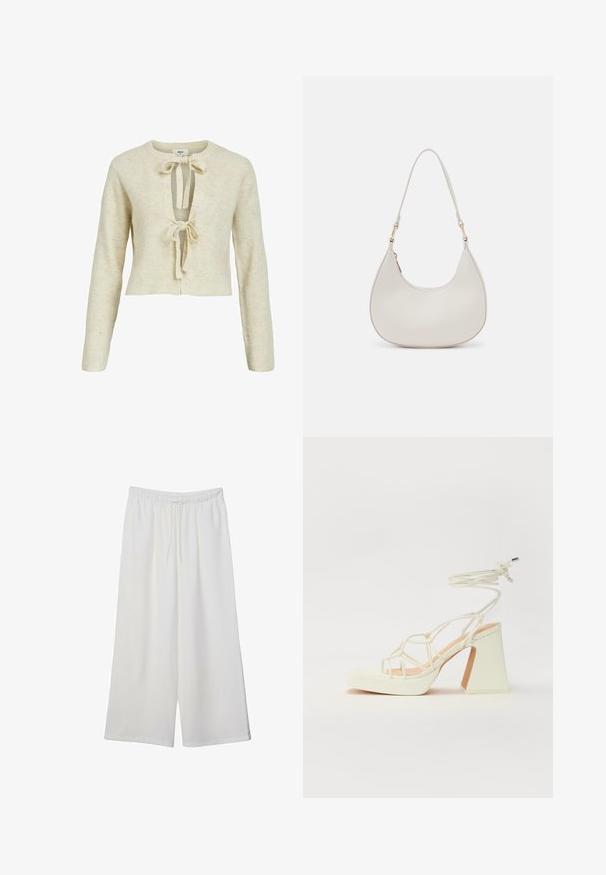 Maglione ribbed beige con maniche lunghe, design corto e scollo a V profondo con due fiocchi frontali. Morbida texture e materiale lavorato a maglia.; Maglietta a maniche corte beige chiaro con scollatura rotonda, realizzata in un tessuto morbido e liscio. Presenta una vestibilità comoda e un orlo dritto.; Pantaloni bianchi a gamba larga realizzati in tessuto leggero, dotati di una vita elastica e di un cordino per una vestibilità regolabile. Texture liscia.; Sandalo bianco con tacco alto, caratterizzato da un design a cinturini e un legaccio alla caviglia. Texture liscia con una piattaforma frontale per un'altezza aggiuntiva.; Borsa a spalla in pelle crema con forma a mezzaluna, strap sottile e dettagli di cucitura delicati. Design minimalista con accenti in metallo dorato.