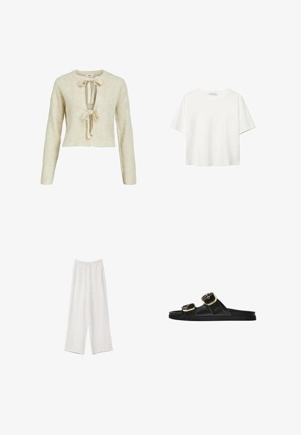 Maglione ribbed beige con maniche lunghe, design corto e scollo a V profondo con due fiocchi frontali. Morbida texture e materiale lavorato a maglia.; T-shirt bianco a maniche corte realizzato in cotone. Presenta un collo tondo e una vestibilità rilassata. Texture liscia senza motivi o dettagli visibili.; Pantaloni a gamba larga bianchi realizzati in un tessuto leggero. Presentano una vita elastica con cordoncino e tasche laterali. Texture liscia.; Infradito neri con due accenti di fibbia dorata, materiale dalla texture liscia, suola piatta e design minimalista.