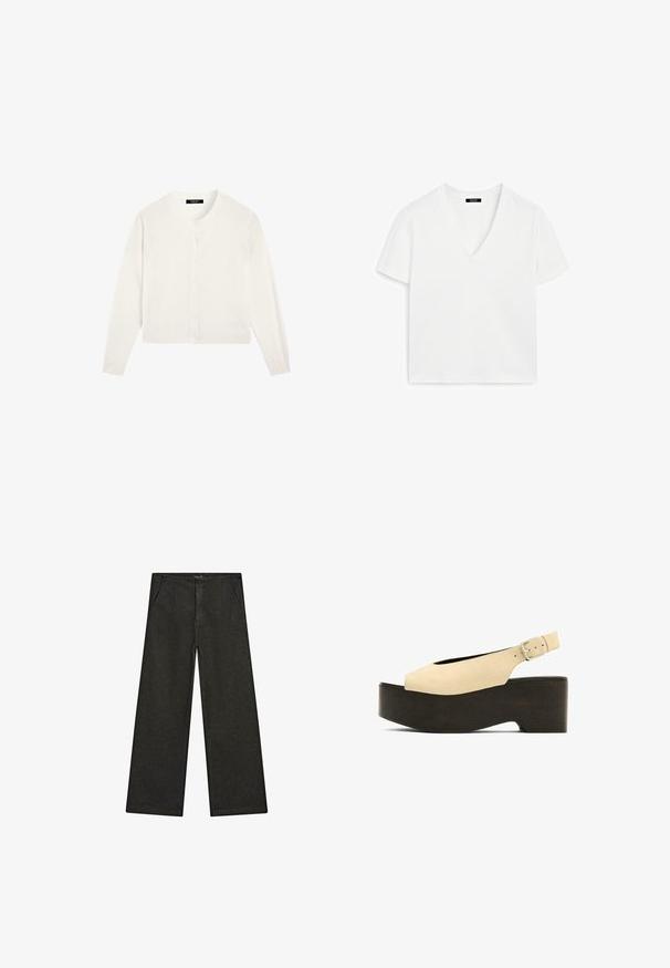 Weißer, langärmeliger Cardigan mit rundem Ausschnitt und acht Knöpfen auf der Vorderseite, aus weichem, leichtem Stoff gefertigt.; Weißes kurzärmeliges V-Ausschnitt-T-Shirt aus Baumwolle, das ein minimalistisches Design und eine glatte Textur aufweist, mit geradem Saum und ohne Verzierungen.; Schwarz-weiße, weit geschnittene Jeans mit mittelhohem Bund, zwei Vorderentaschen und einem klaren, minimalistischen Design ohne sichtbare Verzierungen.; Beige Wildledersandalen mit Plateau, offenen Zehen, Slingback-Design und einem dunklen, holzähnlichen Fußbett, ausgestattet mit einer Metall-Schnalle zur Anpassung.
