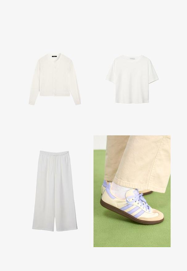 Cardigan bianco a maniche lunghe con scollatura tonda e otto bottoni sul davanti, realizzato in un tessuto morbido e leggero.; T-shirt bianco a maniche corte realizzato in cotone. Presenta un collo tondo e una vestibilità rilassata. Texture liscia senza motivi o dettagli visibili.; Pantaloni bianchi a gamba larga realizzati in tessuto leggero, dotati di una vita elastica e di un cordino per una vestibilità regolabile. Texture liscia.; Sneakers crema e lavanda con tre strisce e suola marrone texturizzata, dotati di lacci e tallone imbottito. Parte superiore in tessuto morbido.