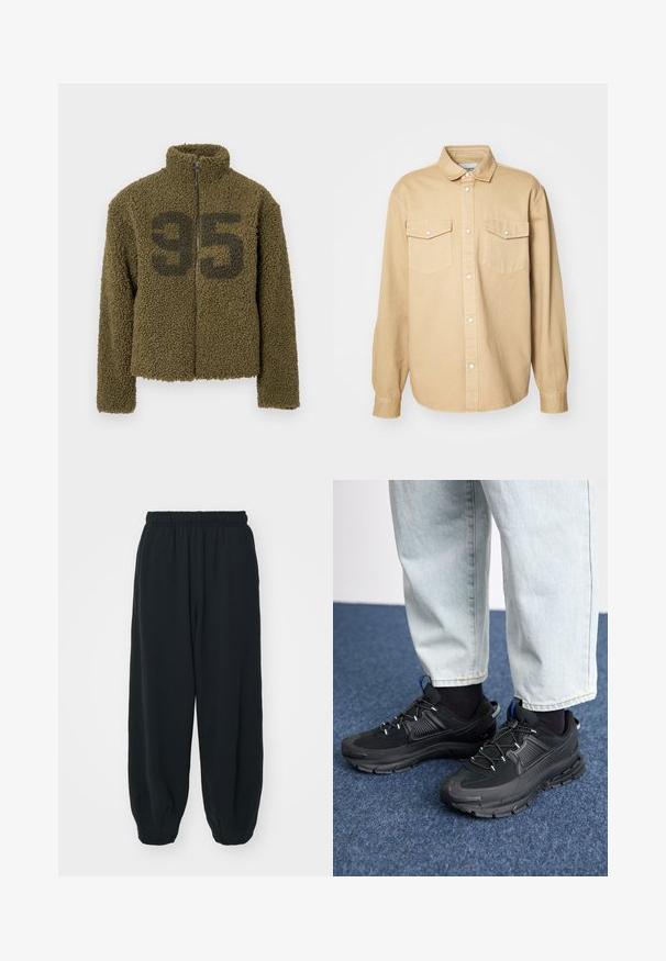 Olivgrön fleecejacka med hög krage, dragkedjestängning och kort design. Har ett stort svart "95" tryckt på framsidan.; Beige skjorta med knappar i bomull, med klassisk krage, två bröstfickor och långa ärmar med knäppa manschetter.; Svarta, elastiska sweatpants med lös passform, mudd vid anklarna, slät textur och utan synliga mönster eller detaljer i metall.; Svarta sportskor med texturerat tyg och gummisulor, med elastiska snörningar och en blå detalj på hälen. Bärs med ljusa jeans.