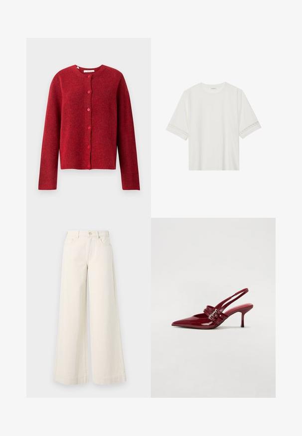 Selected Femme SLFLULU NEW NOOS - Cardigan - equestrian red; Hvit t-skjorte med kort erme laget av bomull, med dekorativ blondekant langs ermene og en rund halslinning.; Vide ben, lyse beige denim bukser med høj talje, to frontlommer, knaplukning og diskret syninger.; Røde patentleder slingback hæle med spids tå, to spænde stropper og en slank, mellemhøj stiletto hæl. Glat tekstur.
