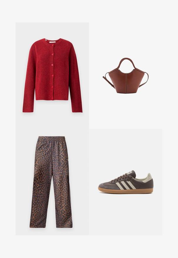 Selected Femme SLFLULU NEW NOOS - Cardigan - equestrian red; Tricou alb din bumbac, cu mânecă scurtă și guler rotund. Design simplu, croială lejeră, textură fină. Nu sunt vizibile modele sau accente.; Pantaloni cu imprimeu de leopard, cu talie elastică. Confecționați dintr-un material lucios, având o bază maro cu pete negre și un design lejer.; Tenisi din piele maro cu trei dungi de culoare deschisă, talpă din cauciuc de tip gumă, vârf rotunjit și accente din suede texturat la călcâi și vârf.; Geantă din piele maro, cu o formă conică, mâneri rezistente și cusături albe contrastante. Dispune de o curea de umăr detașabilă pentru versatilitate.