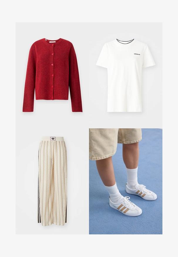 Selected Femme SLFLULU NEW NOOS - Cardigan - equestrian red; White cotton t-shirt with short sleeves and a round neckline. Features a black Adidas logo on the chest and a contrasting black inner collar.; Cream-colored wide-leg pants with a zigzag pattern, featuring a black logo waistband and side black stripes. Lightweight, textured fabric.; White sneakers with three gold stripes, lace-up design, rubber sole, worn with ribbed white socks and beige shorts on a blue surface.