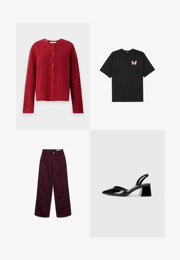 Selected Femme SLFLULU NEW CARDIGAN - Adīta jaka - equestrian red; Melna kokvilnas T-krekls ar īsām piedurknēm, kuram priekšā kreisajā pusē ir neliels rozā tauriņa grafiskais attēls. Ar apaļu kaklu un brīvā stila piegriezumu.; Bordo platās kājas džinsi, izgatavoti no kokvilnas, ar augstu jostasvietu, piecām kabatām un metāla apdares elementiem. Gluda tekstūra ar vienkrāsainu dizainu.; Melna lakota āda ar atvērto papēdi, ar smailu purngalu un ģeometrisku blokpapēdi. Iezīmējas elegants, minimāls dizains un gluda tekstūra.