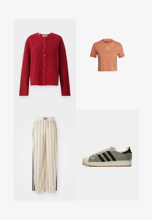 Selected Femme SLFLULU NEW NOOS - Kofta - equestrian red; adidas Originals TOP ADICOLOR ORIGINALS REGULAR T-SHIRT - T-shirt med print - hazy copper; Krämfärgade vida byxor med ett zick-zack-mönster, med en svart logoband och svarta sidostråk. Lätt och strukturerad tyg.; Adidas sneakers med en metallisk olivgrön ovandel, tre svarta ränder, gummitå och en gummiyttersula. Klassisk design med textilstruktur.